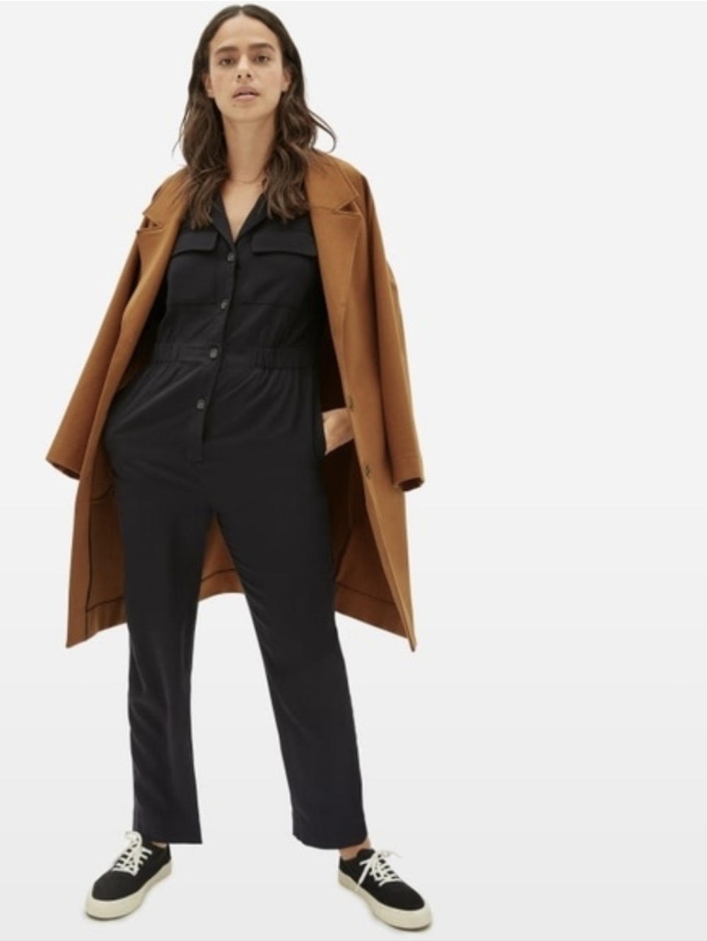 Everlane Black Utility Button-Front Jumpsuit with Chest Pockets